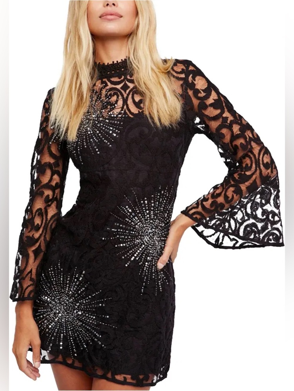 Free People Black North Star Lace Shift Dress Sequin Starburst Bell Sleeve sz 0